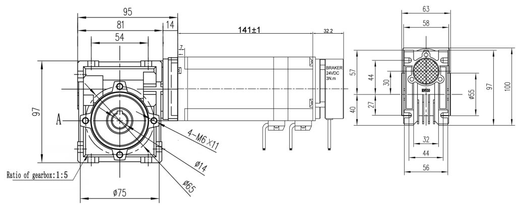 60mm 24V 48V 400W brushless dc motor with worm reducer and electronic brake